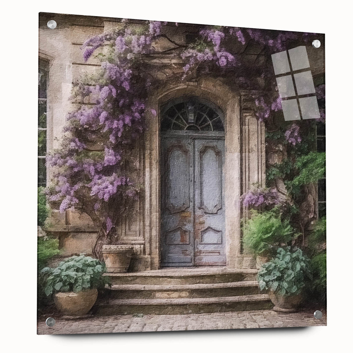 Acrylic print of a large abstract door design in neutral tones, suitable for bedroom or dining room decor.