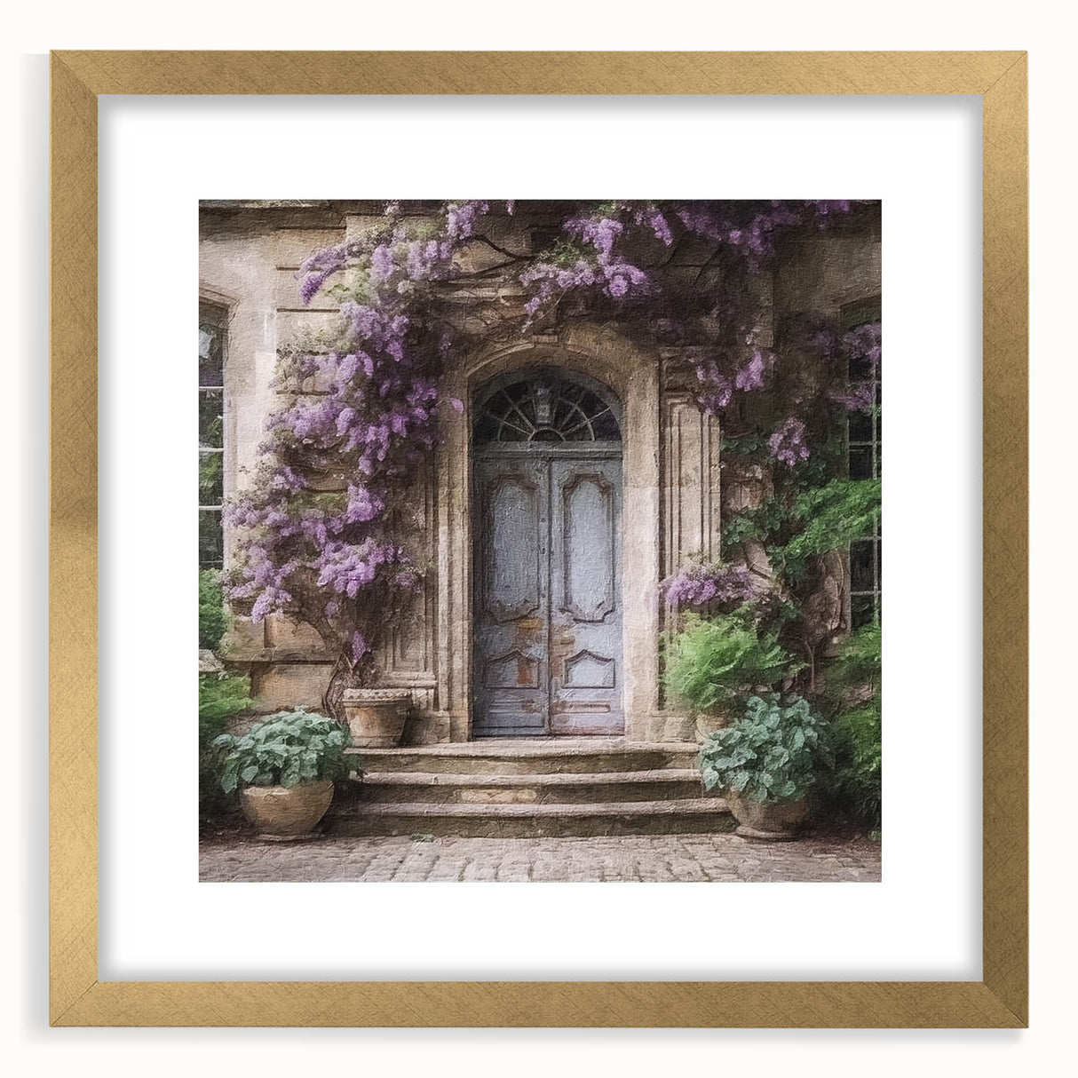 Extra large abstract art print featuring textured patterns in gold and cream, framed with a mat, ideal for living room decor.