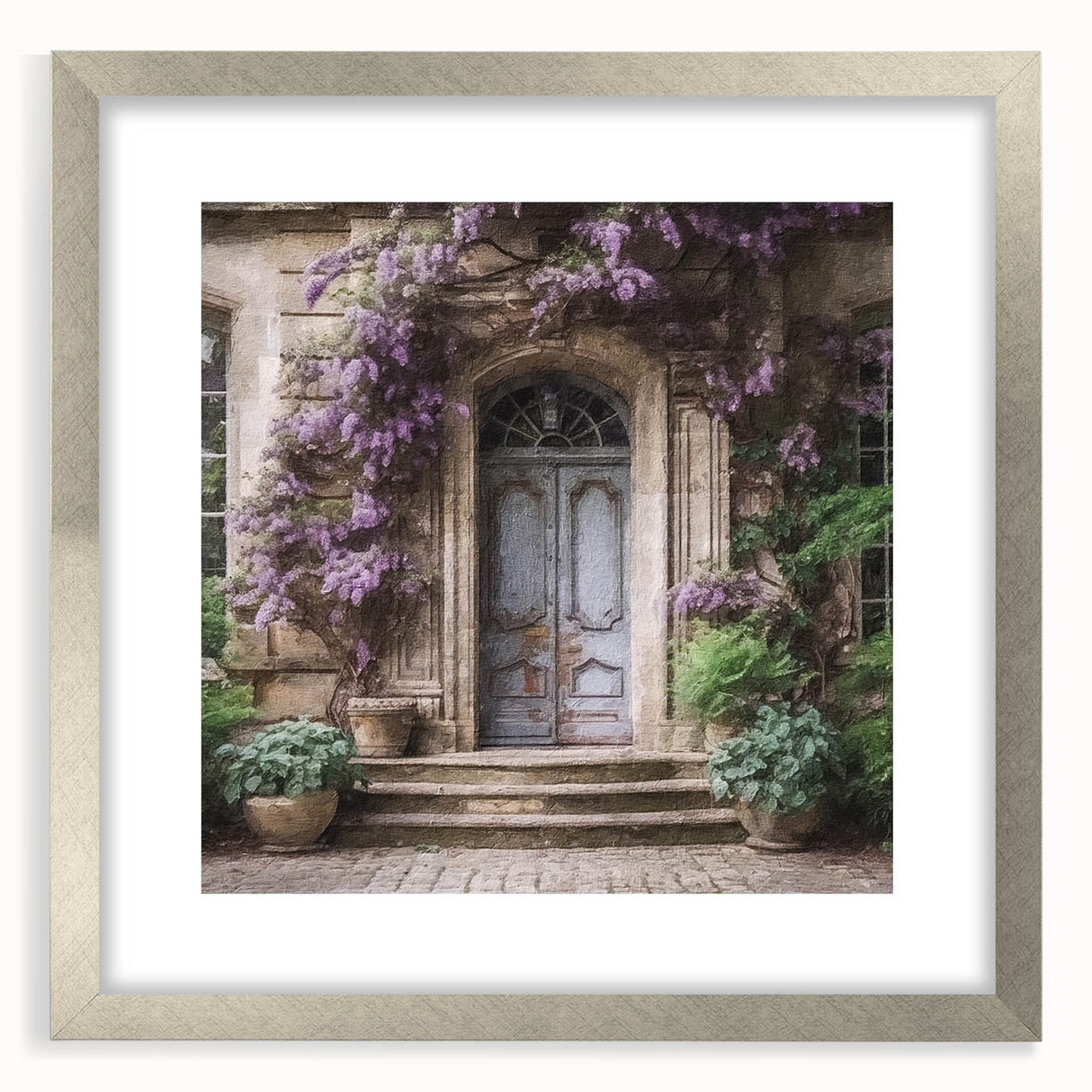 Textured abstract art print of a French door, rendered in muted gray tones on a framed canvas, suitable for bedroom decor.