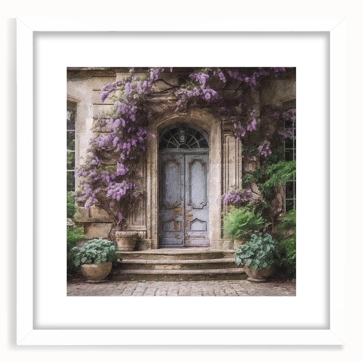 Abstract art print of a French door architecture in muted white and gray tones, framed with a white mat.
