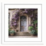 Abstract art print of a French door architecture in muted white and gray tones, framed with a white mat.