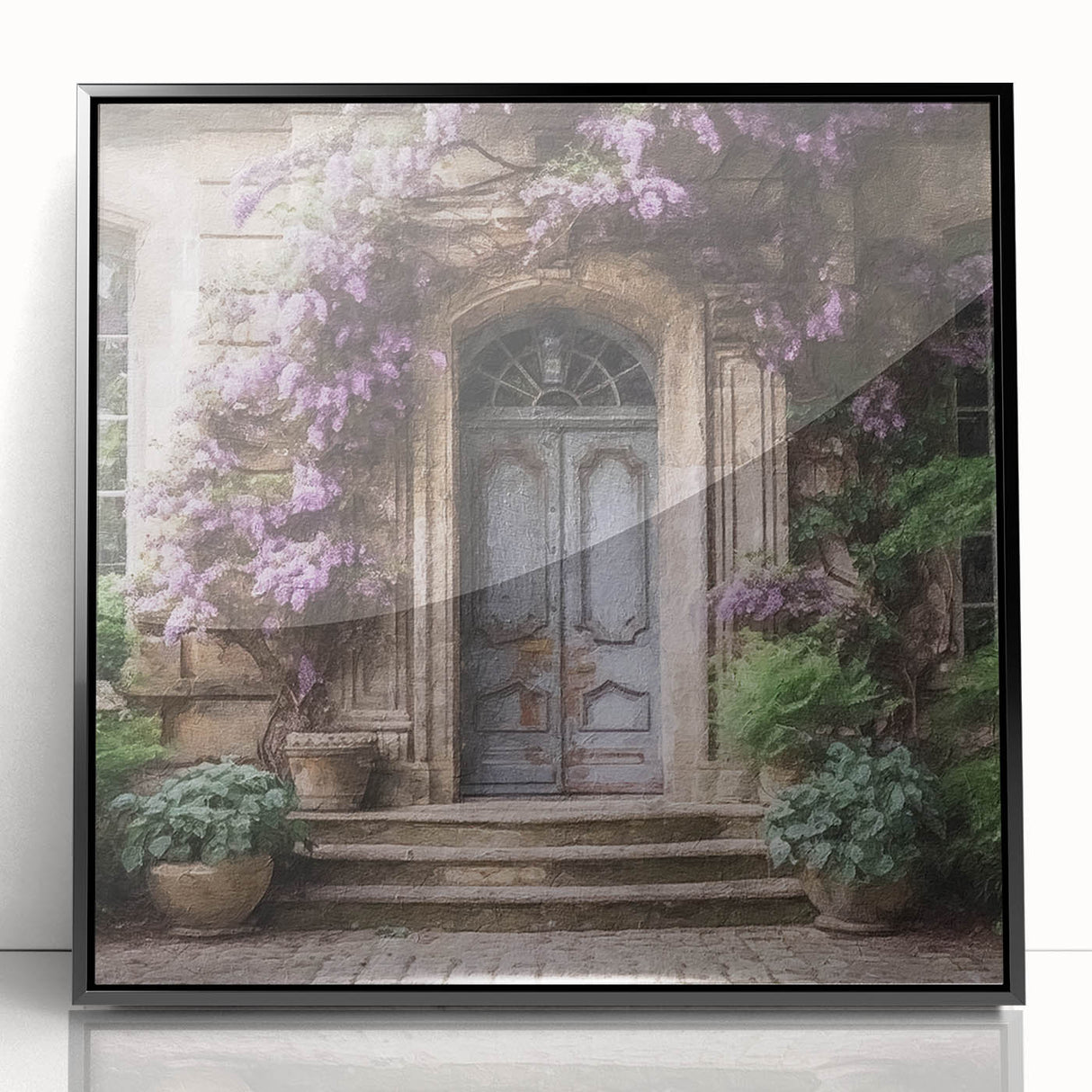 Large abstract wall art featuring geometric shapes in black and white, framed in acrylic.