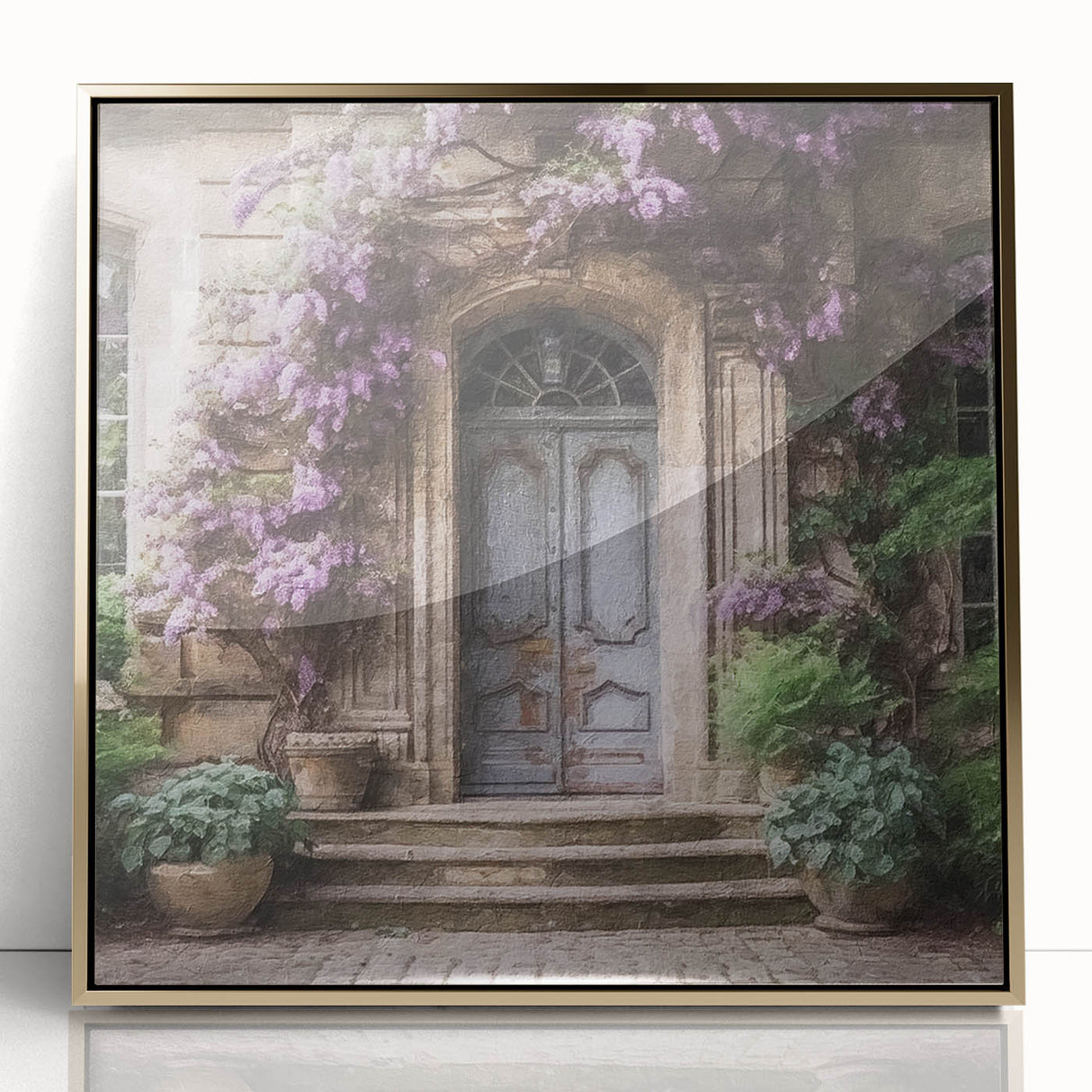 Mid-century modernist large art print of a French door architecture in gold tones on framed acrylic.