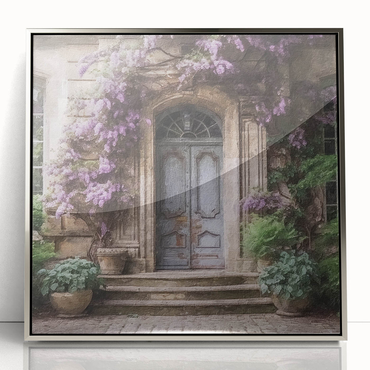 Mid-century modernist art depicting a French door architecture in silver tones on a framed acrylic.
