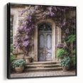 Black and white vintage poster art of a French door, framed canvas, ideal for bedroom wall art.