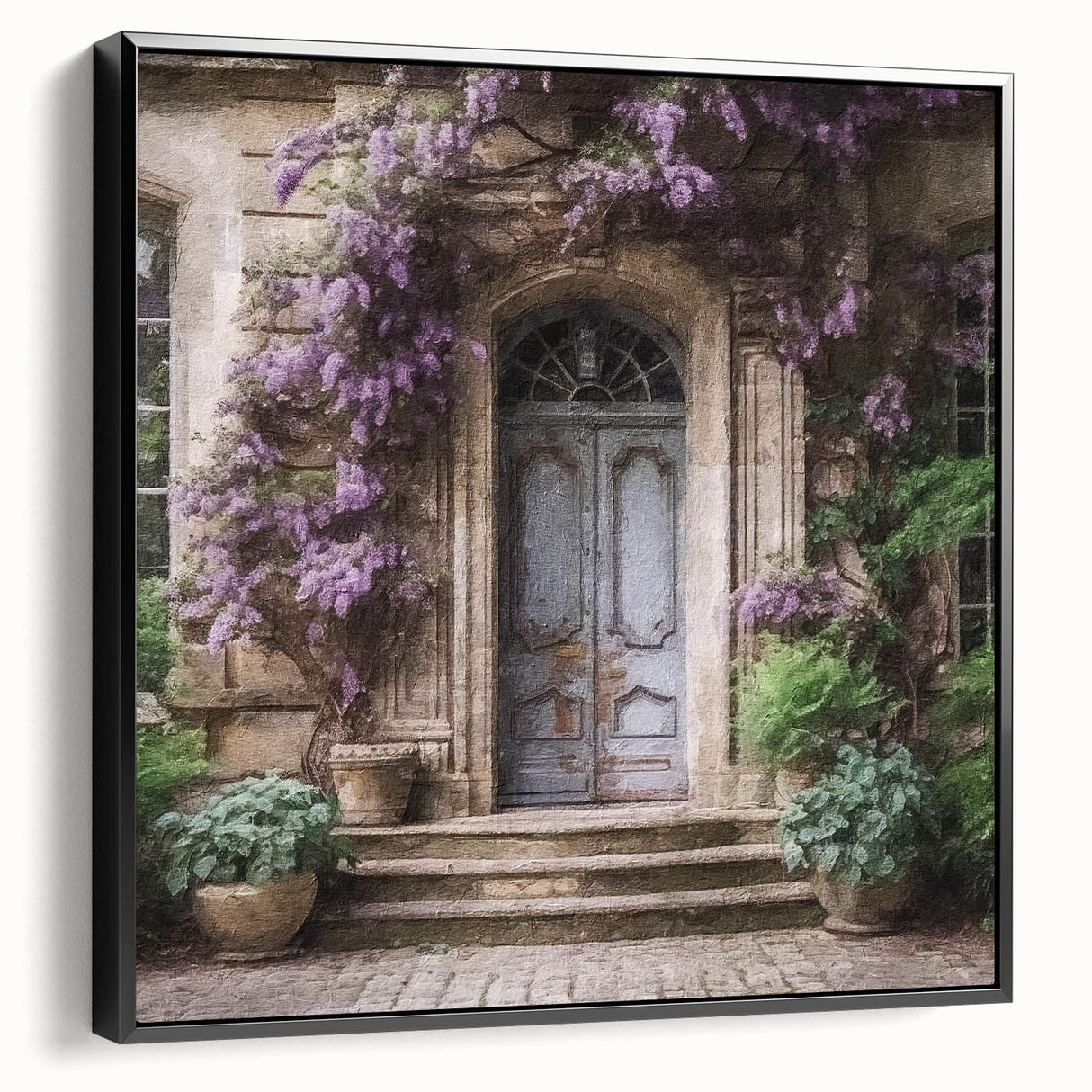 Black and white vintage poster art of a French door, framed canvas, ideal for bedroom wall art.