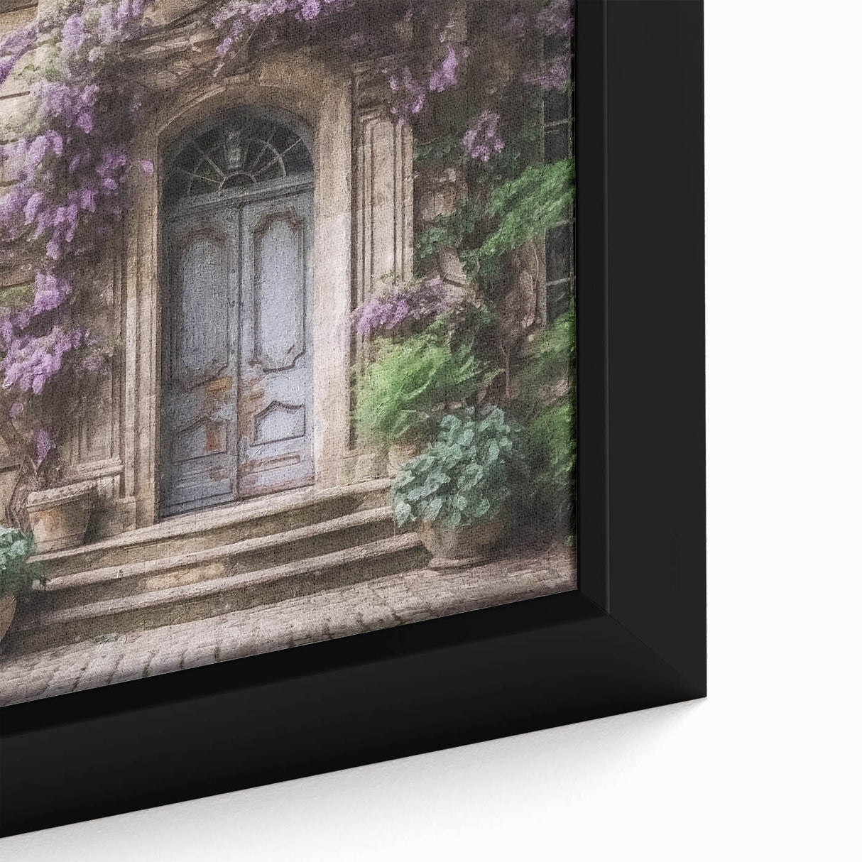 Close-up of a black framed canvas featuring a textured, colorful depiction of a French door, ideal for living room decor.