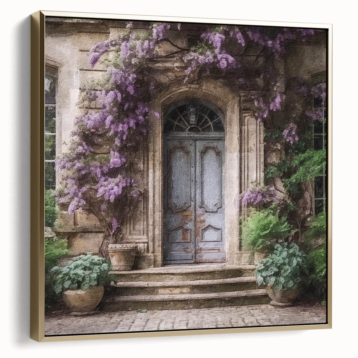 Framed canvas depicting a vintage-style architectural door in silver and gold, ideal for bedroom wall art.