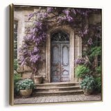 Framed canvas depicting a vintage-style architectural door in silver and gold, ideal for bedroom wall art.