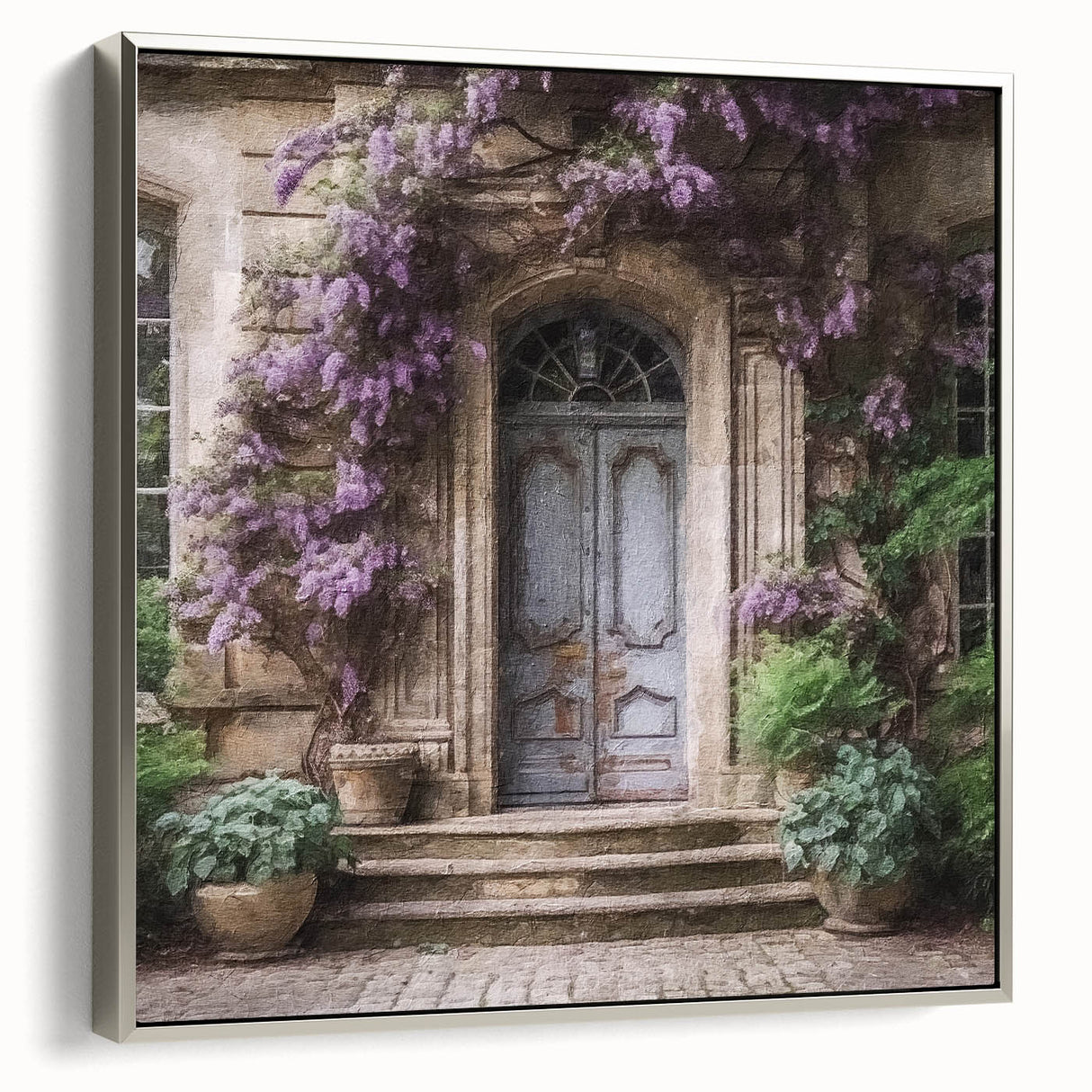 Framed canvas of a vintage-style black door in colorful, detailed landscape art painting, ideal for living room decor.