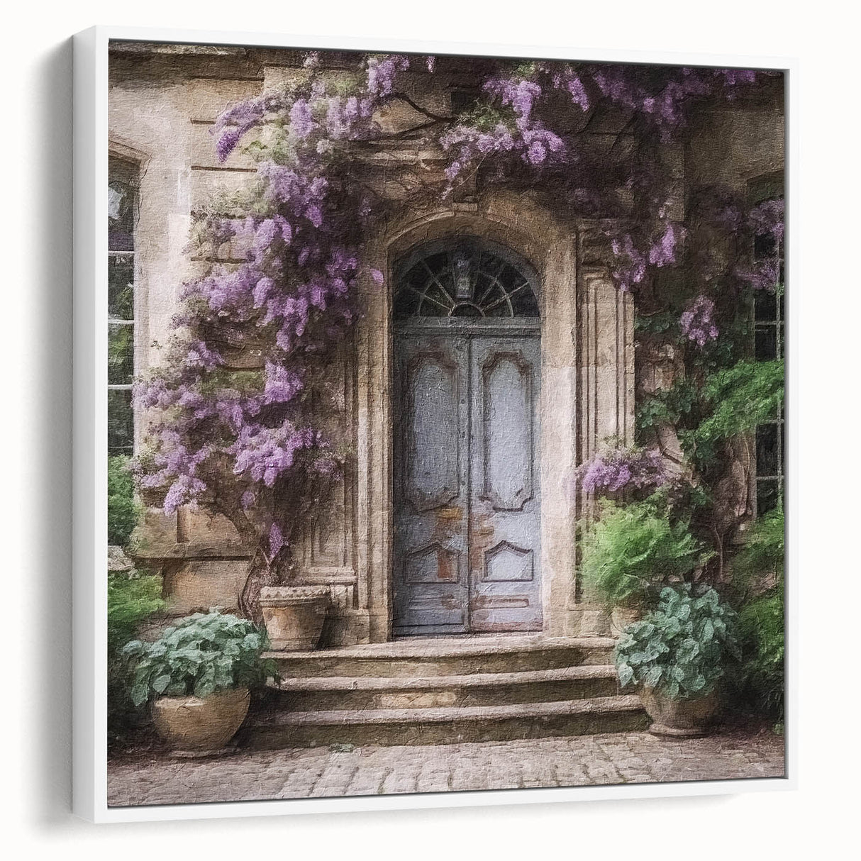 Vintage poster art of a French door architecture, framed canvas in white, ideal for living room wall decor.