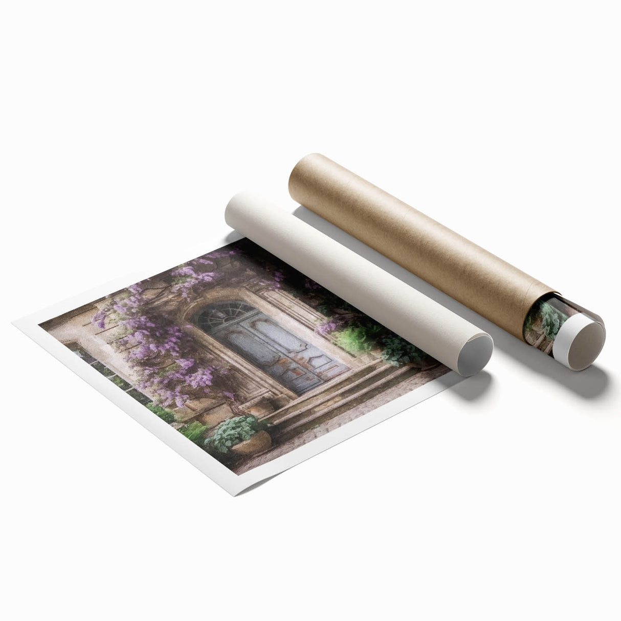 Extra large rolled print of a French door design with floral motifs in pastel shades, ideal for classy bathroom wall art.