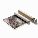 Extra large rolled print of a French door design with floral motifs in pastel shades, ideal for classy bathroom wall art.