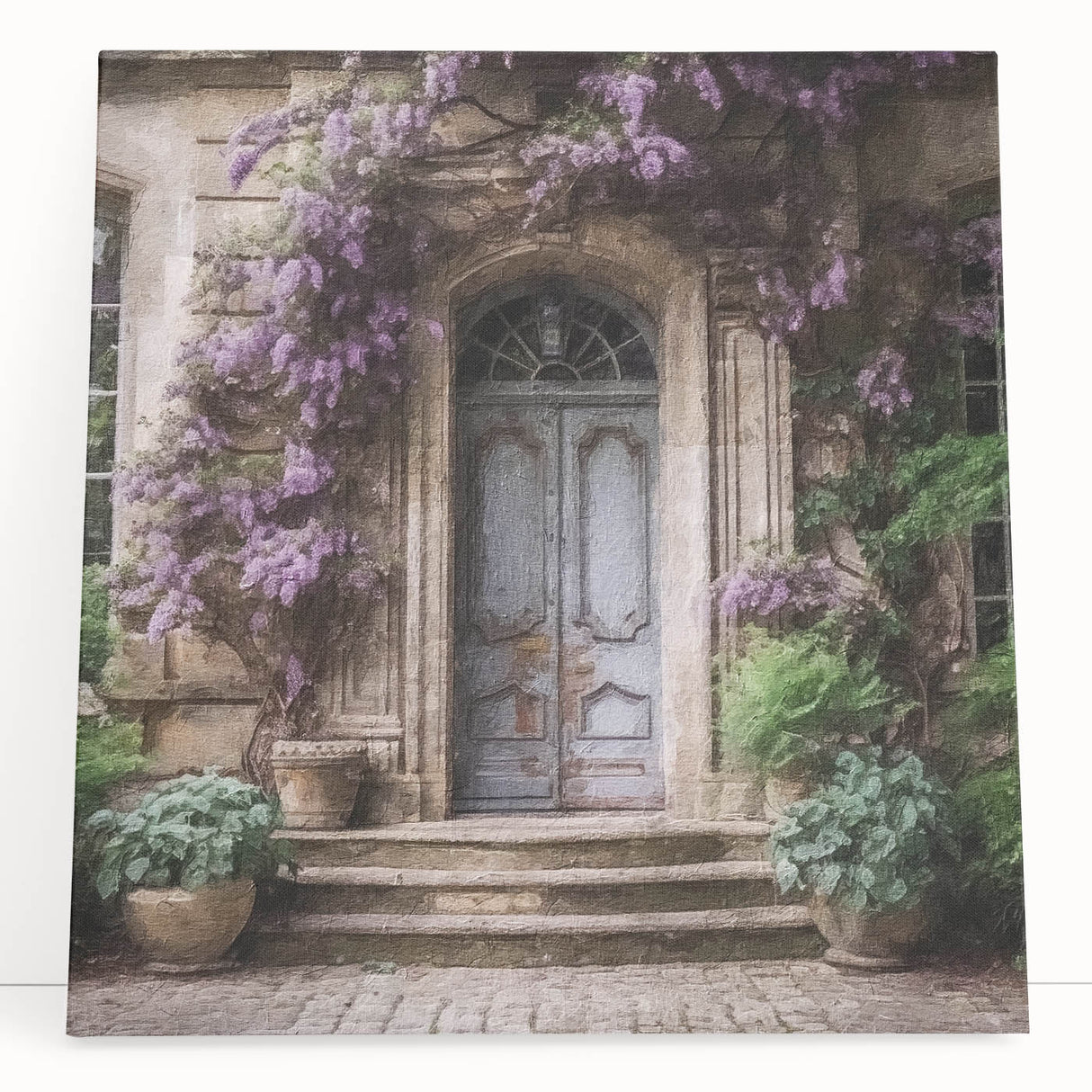 Black and white photo of a French door architecture on stretched canvas, ideal for kitchen wall art.