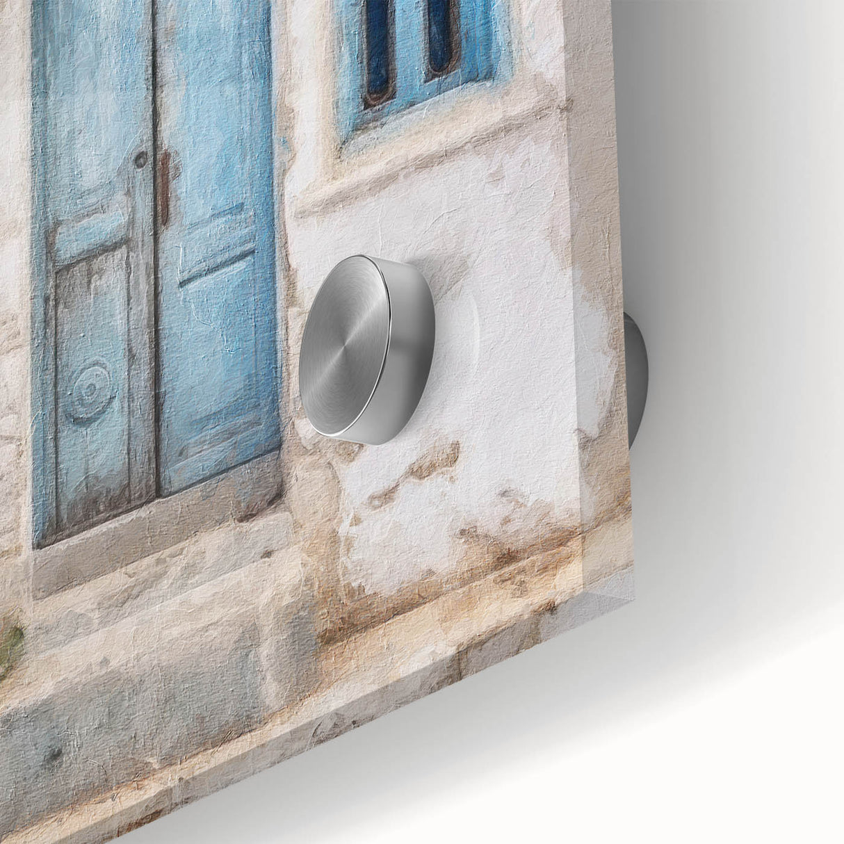 Close-up of a Greek architecture door design on acrylic glass, featuring large abstract elements in muted earth tones.