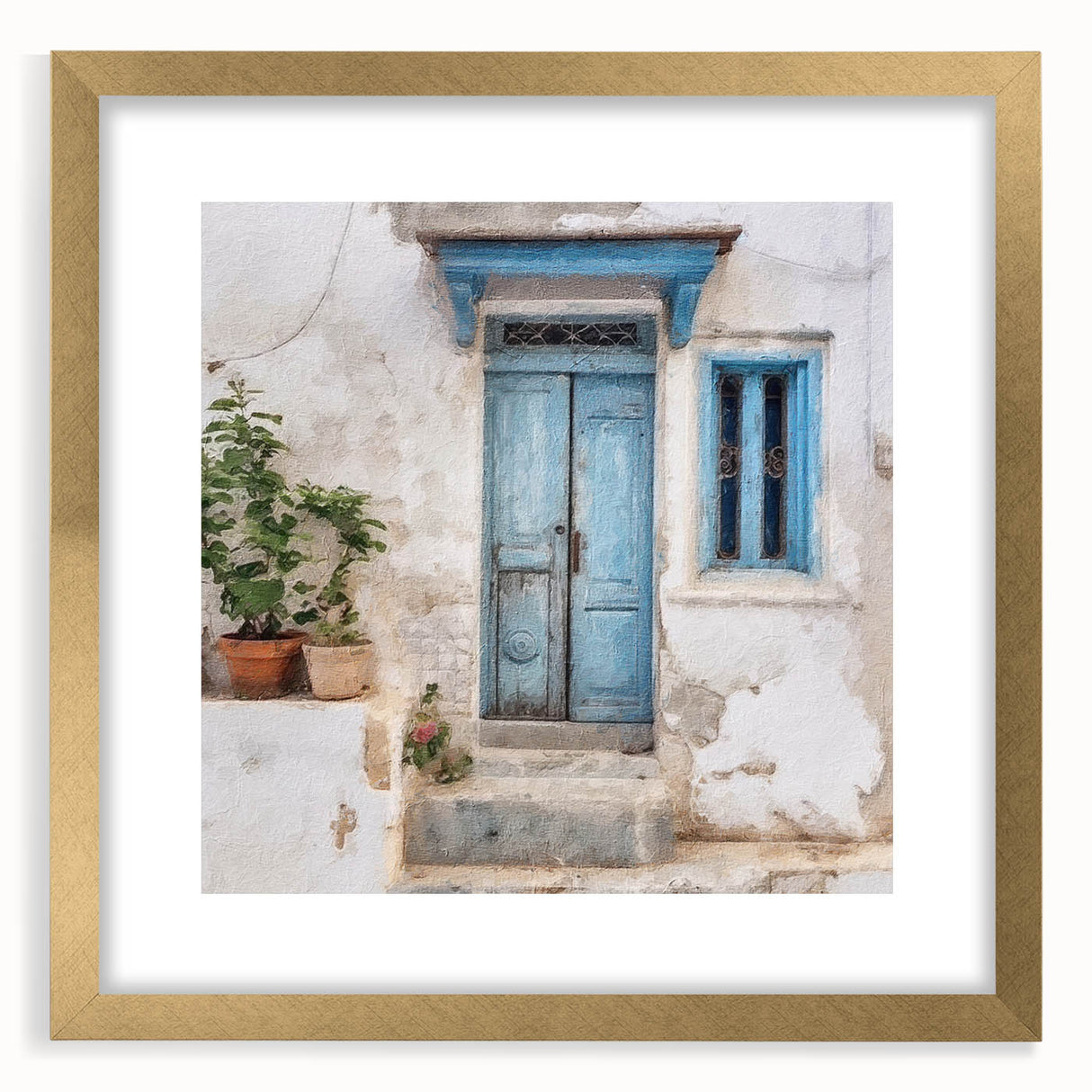 Extra large abstract art print of a textured Greek door, in gold frame with mat, ideal for living room decor.