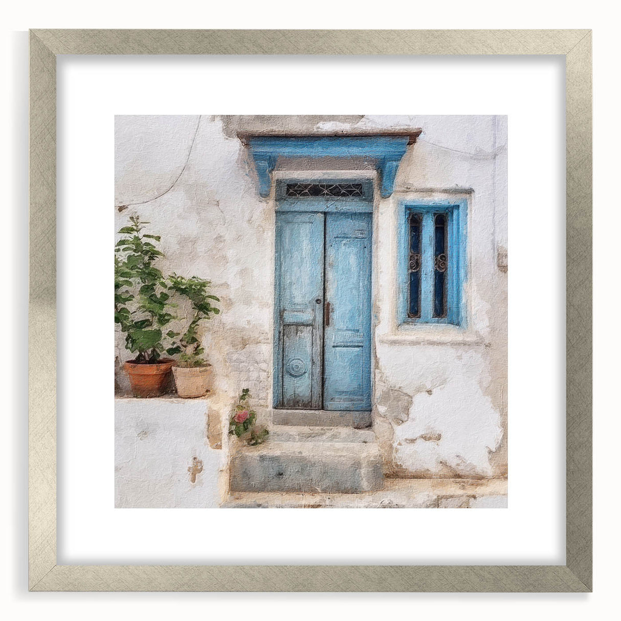 Textured art print of an abstract Greek door design in silver frame, ideal for bedroom wall decor.