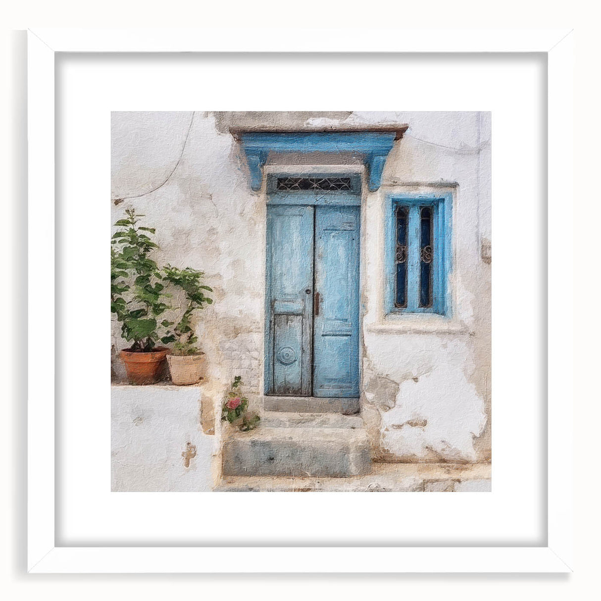 Abstract art print of a Greek door design in muted earth tones on a framed white mat, ideal for dining room decor.