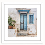 Abstract art print of a Greek door design in muted earth tones on a framed white mat, ideal for dining room decor.