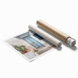 Extra large rolled print depicting a Greek architecture door with floral art in muted earth tones.