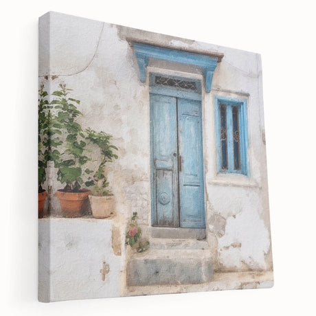 Large art print of a Greek architecture door on stretched canvas, in neutral tones, suitable for kitchen wall art.