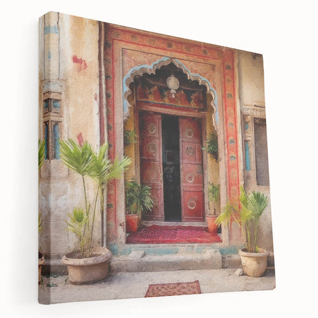 Large canvas print of an Indian architecture door in rich earth tones, suitable for kitchen wall art.