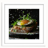 Abstract art print featuring multicolored geometric shapes on a white framed poster, suited for dining room decor.