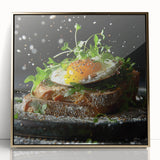 Mid-century modernist art featuring abstract dishes in gold and black on a framed acrylic print.