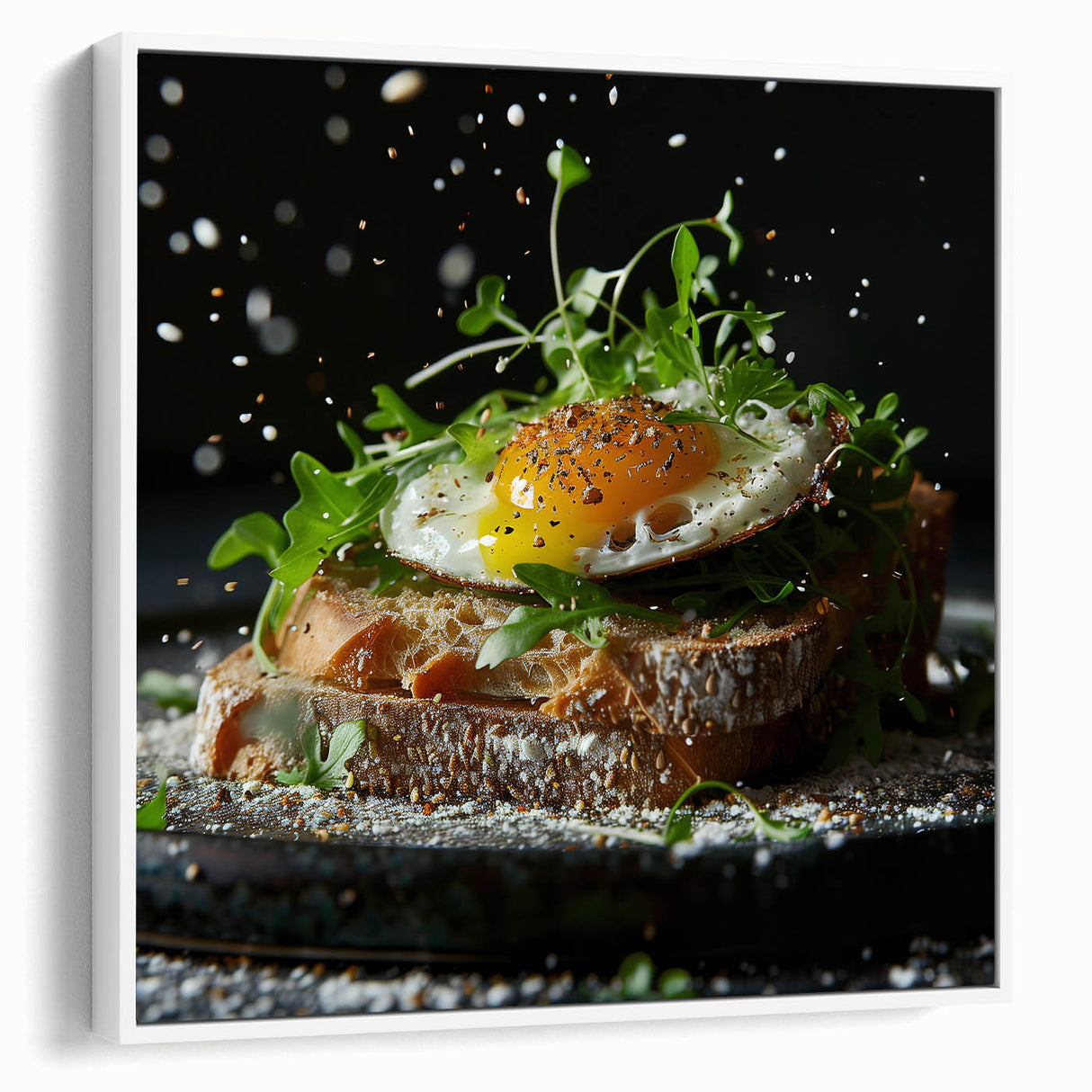 Vintage poster art of colorful dishes on a black background, framed canvas, ideal for living room decor.