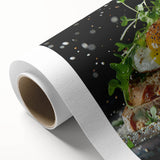 Art Deco poster featuring stylized dishes in muted blues and greens on rolled canvas, suitable for dining room.