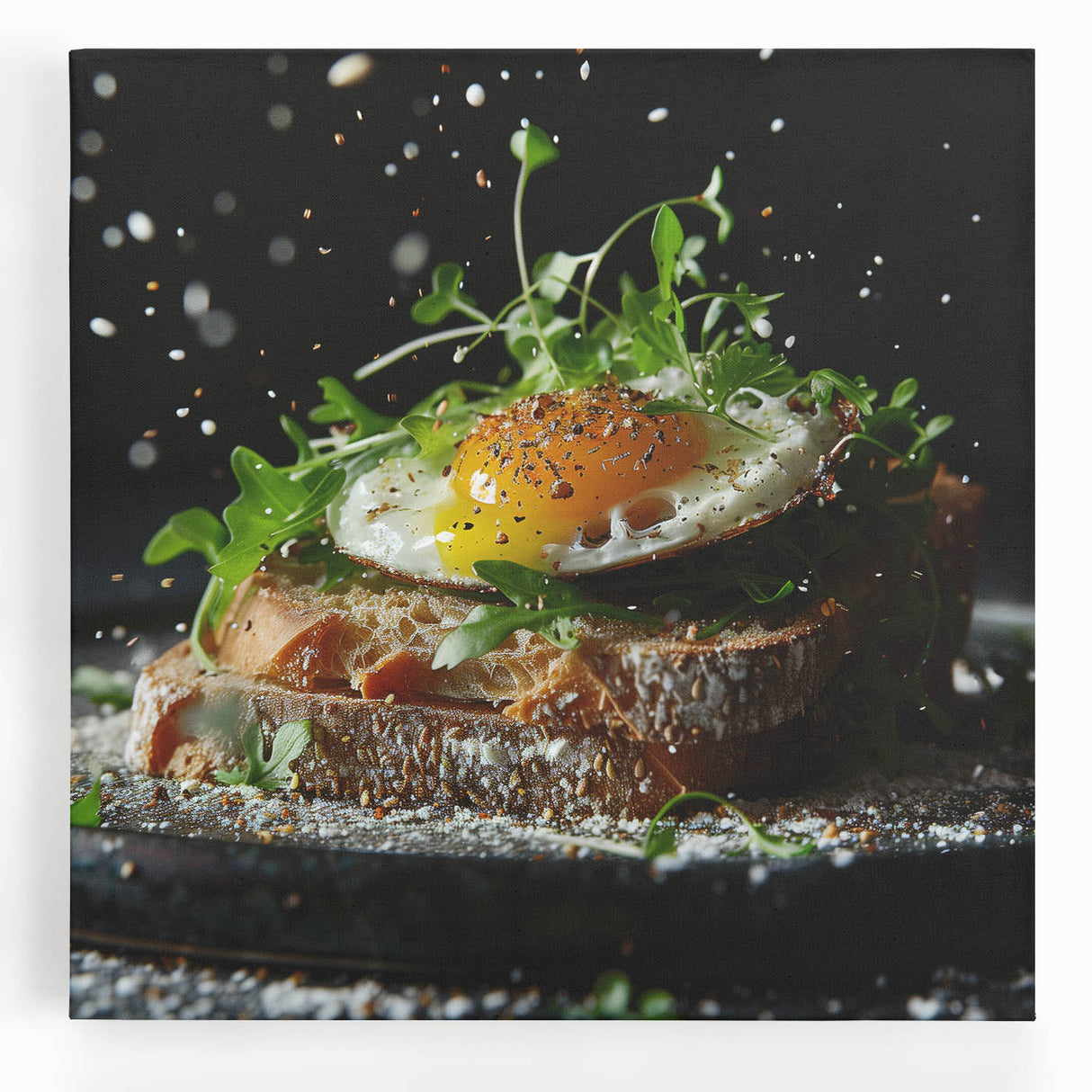 Large black and white canvas featuring assorted kitchen dishes, ideal for kitchen wall art.