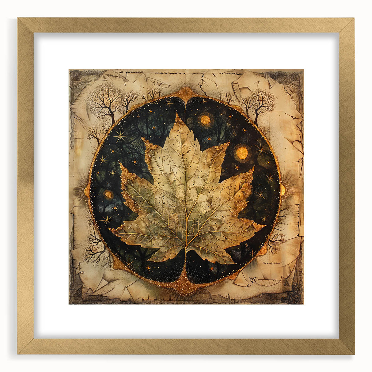 Framed wall art displaying a botanical design with colorful flowers and green leaves, set in a gold frame with a white mat, perfect for home decor.