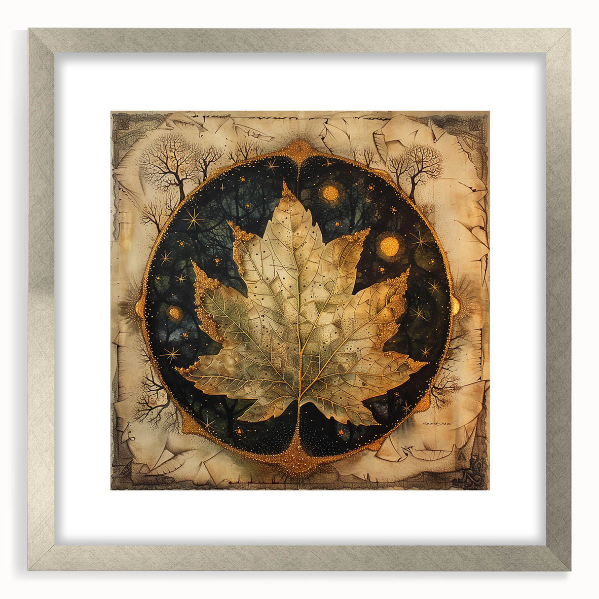 Framed wall art featuring a floral and botanical design with silver matting, showcasing vibrant flowers and leaves, ideal for home decor.