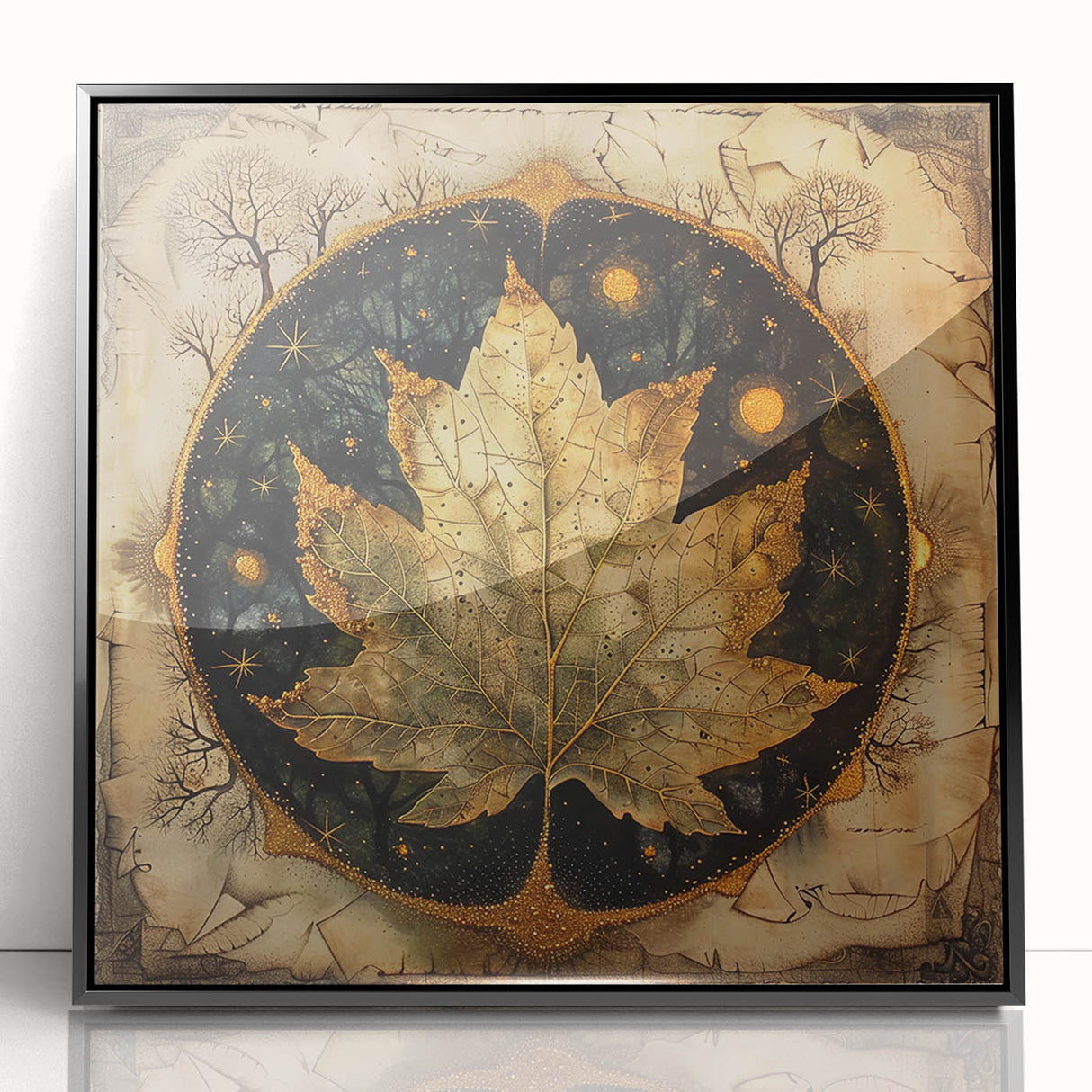 Framed wall art featuring a vibrant floral and botanical design in acrylic, with a sleek black frame, ideal for modern home decor. Perfect for nature enthusiasts.