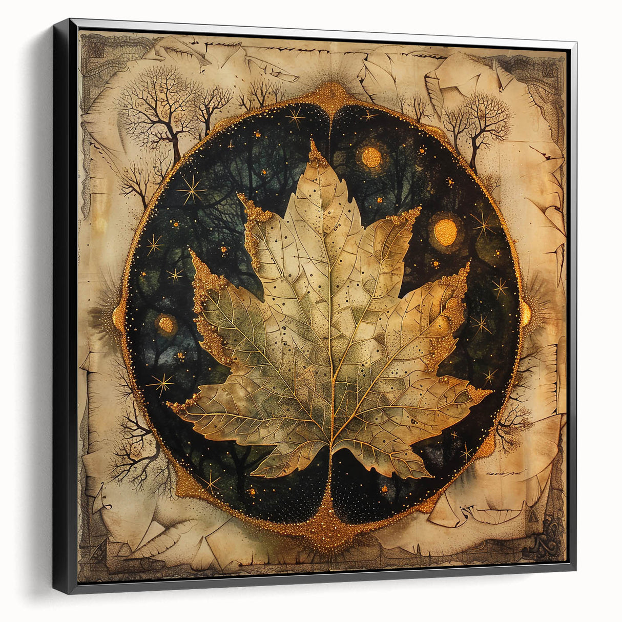Framed canvas wall art showcasing an elegant floral and botanical design with vibrant colors, presented in a sleek black frame, ideal for home decor.