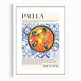 Abstract art print of assorted food dishes in muted earth tones on a white framed canvas, suitable for dining room decor.