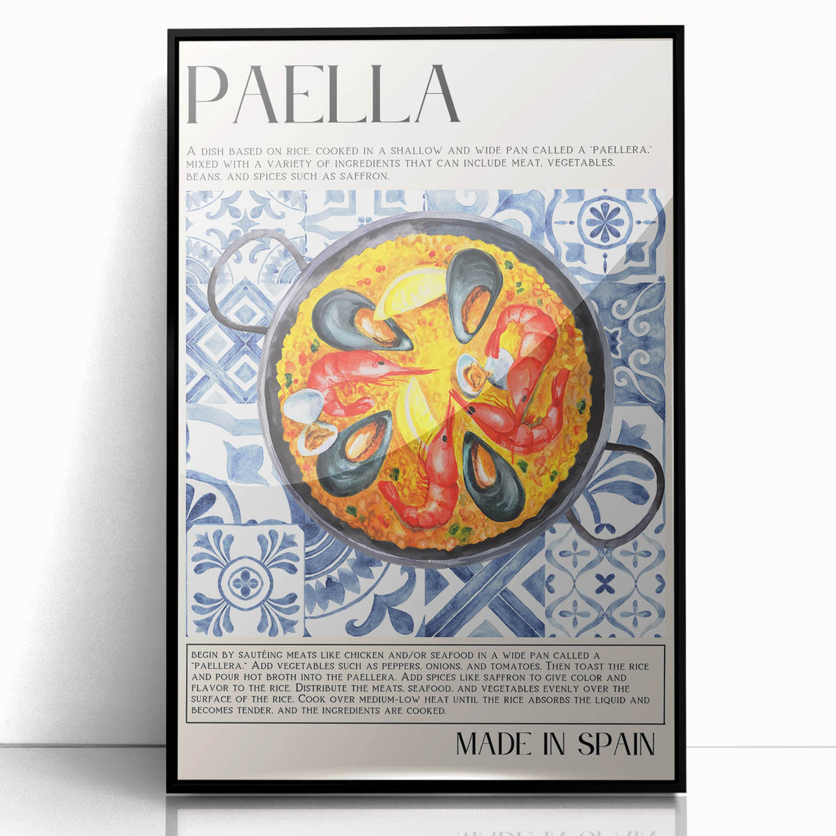 Large abstract wall art featuring assorted food dishes in monochrome, framed in black acrylic.