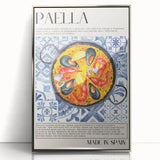 Mid-century modernist art depicting various colorful food dishes on a silver framed acrylic print.