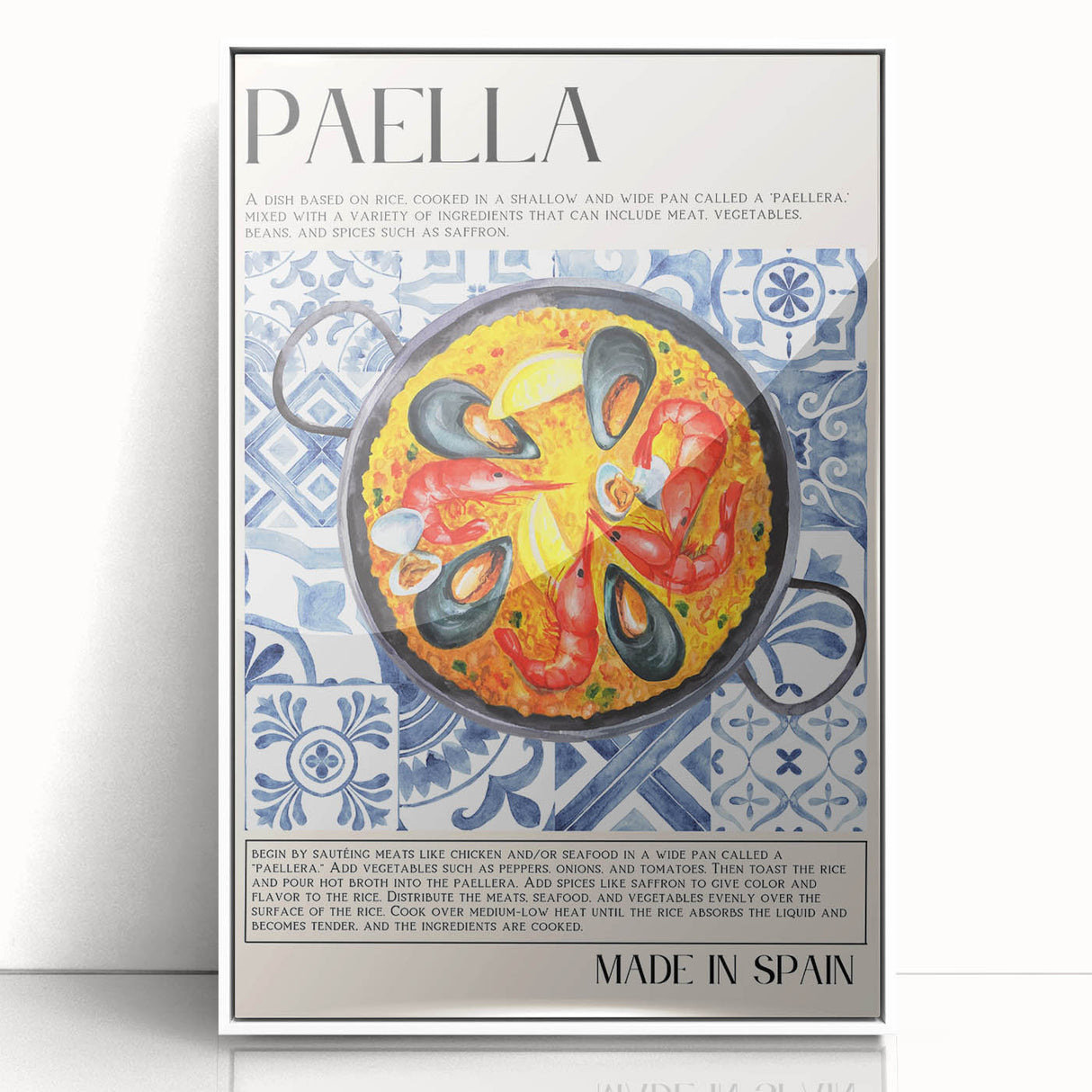 Art deco poster featuring assorted food dishes in muted earth tones, framed in white acrylic, ideal for modern kitchen decor.