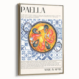 Framed canvas featuring vintage poster art of various food dishes in muted gold and black tones, suitable for bedroom decor.