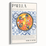 Vintage poster art of assorted colorful dishes on a black background, framed canvas, ideal for living room decor.