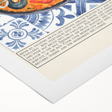 Art deco poster featuring an array of stylized food dishes in muted colors on rolled canvas, suitable for dining room decor.