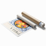 Extra large rolled print featuring an array of detailed food dishes in soft, pastel colors.