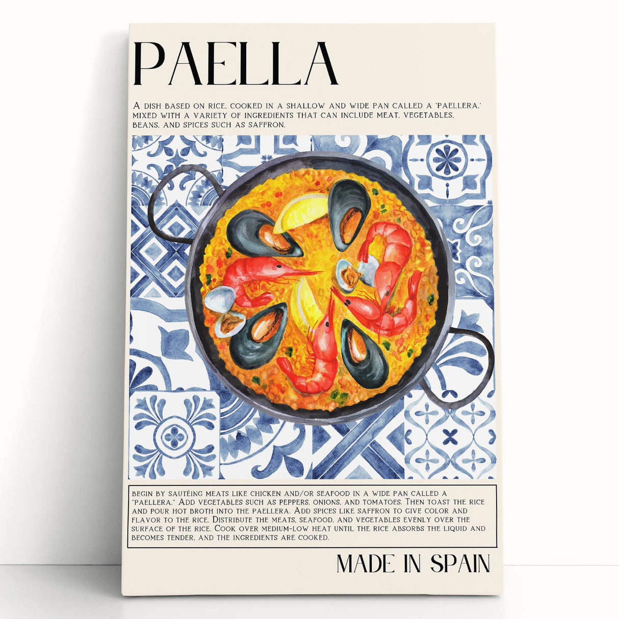 Black and white stretched canvas featuring an array of illustrated food dishes, ideal for kitchen wall art.