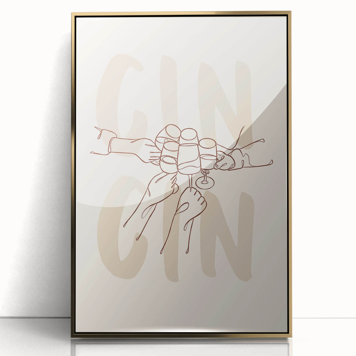 Art deco poster of assorted drinks in gold acrylic frame, with a palette of gold and black.