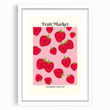 Abstract art print of assorted fruits in vibrant colors on a white matted frame, suitable for dining room decor.