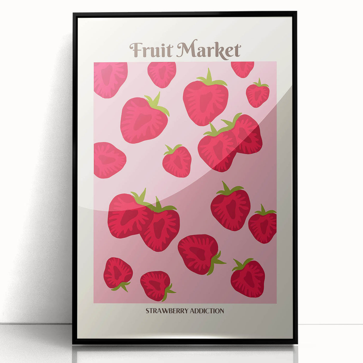 Large abstract wall art featuring assorted fruits in vibrant colors, framed in black acrylic.