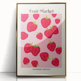 Large art print of assorted fruits in bold colors on a gold-framed acrylic, suitable for modern kitchen decor.