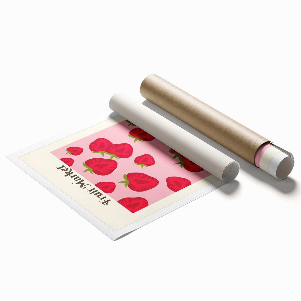 Extra large rolled print featuring a vibrant array of fruits and flowers.