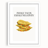 Abstract art print featuring vivid orange and blue swirls on a white framed canvas, suitable for dining room decor.